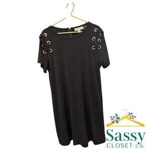 MICHAEL KORS Black Gold Grommet Dress 1X Stretch Jersey LBD Office EUC